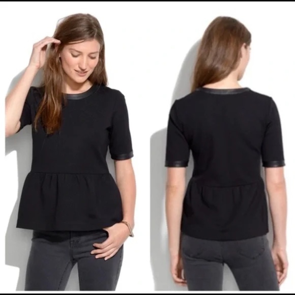 Madewell leather trim peplum top; size small, black; feminine and flattering top